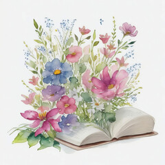 Watercolor open book with flowers, clipart, white background