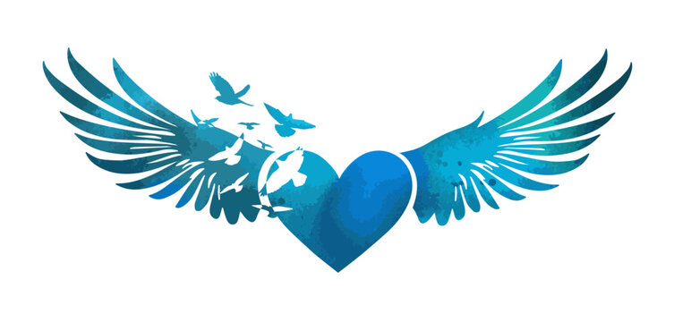 blue Heart and birds logo. hand drawing. Heart with wings. Not AI. Happy Valentine's Day. Vector illustration