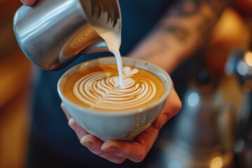 Close-up of a skilled barista pouring steamed milk into a cup of espresso, creating a beautiful latte art pattern
