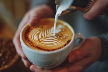 Close-up of a skilled barista pouring steamed milk into a cup of espresso, creating a beautiful latte art pattern
