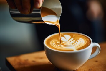 Close-up of a skilled barista pouring steamed milk into a cup of espresso, creating a beautiful latte art pattern
 - obrazy, fototapety, plakaty