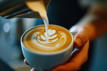 Close-up of a skilled barista pouring steamed milk into a cup of espresso, creating a beautiful latte art pattern
 - obrazy, fototapety, plakaty