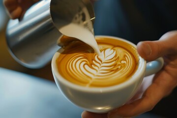Close-up of a skilled barista pouring steamed milk into a cup of espresso, creating a beautiful latte art pattern
