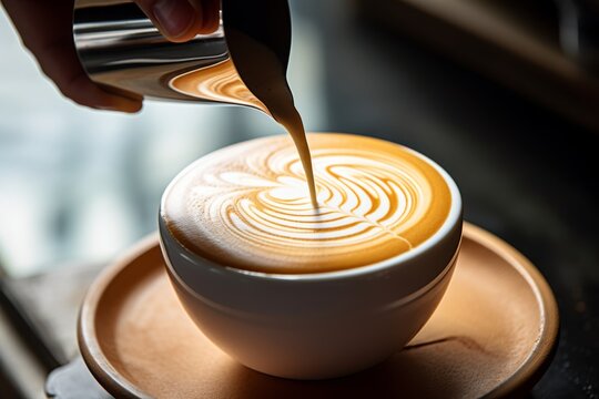 Close-up of a skilled barista pouring steamed milk into a cup of espresso, creating a beautiful latte art pattern
