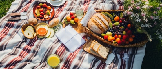 A Picnic Blanket With a Basket of Fruit and Bread for a Relaxing Outing