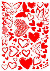 Set of red hearts and butterflies. Design elements for Valentine's day. hand drawing. Not AI. Vector illustration.