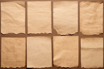 Set of old parchment antique paper sheet or vintage aged grunge stain texture isolated background