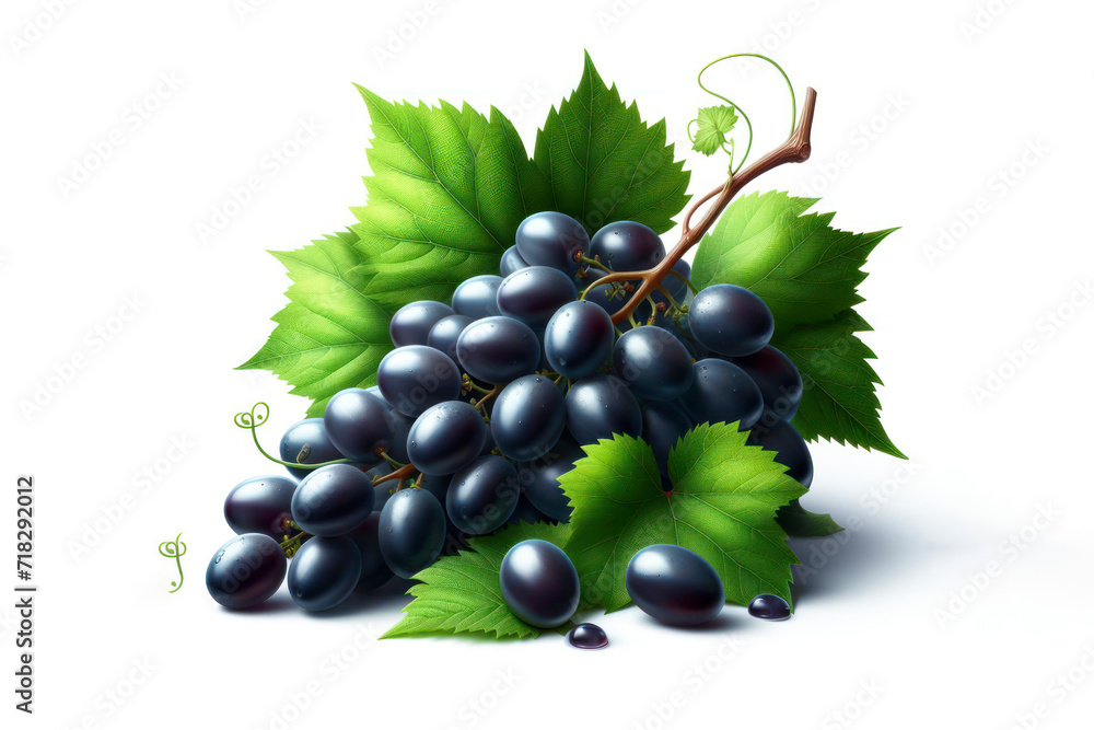 Poster concord grape with leaves isolated on solid white background. ai generative
