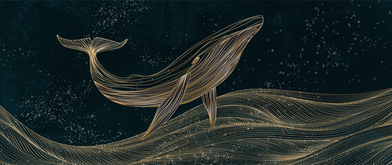 Abstract dark luxury art background with a whale on the waves in golden line art style. Hand drawn vector banner for decoration, print, wallpaper, packaging, textile, interior design, poster © VectorART
