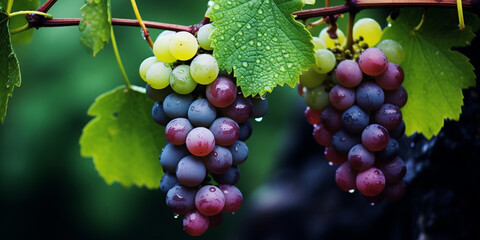 Red grapes on vine red wine grapes bunch of grapes  with water drops, Closeup of grapevine with bunches of ripe juicy grapes, Close-up of Red grapes in the vineyard, Grape on tree
 - obrazy, fototapety, plakaty