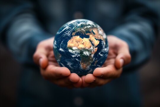 Man holding planet Earth in hands, Africa on visible side.