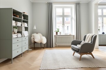 Fototapeta na wymiar Modern scandinavian-inspired newborn nursery. stylish and cozy decor for your babys room