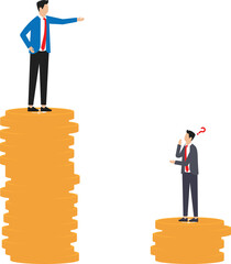 Economic inequality and rich and poor gap, unfairness income and different money people being paid concept, businessman standing on high salary coins tower with poor black man on low coins stack.
 - obrazy, fototapety, plakaty
