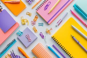 Variety of colorful stationery items, including notebooks, pens, and paper clips, arranged neatly on a white desk
