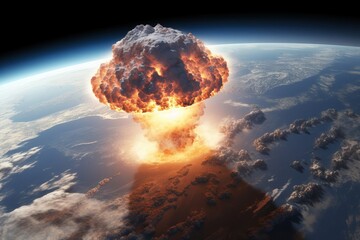 Massive nuclear bomb explosion at Earth surface. View from the space. World war 3 concept - 718292866