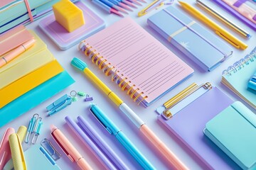 Variety of colorful stationery items, including notebooks, pens, and paper clips, arranged neatly on a white desk
 - obrazy, fototapety, plakaty