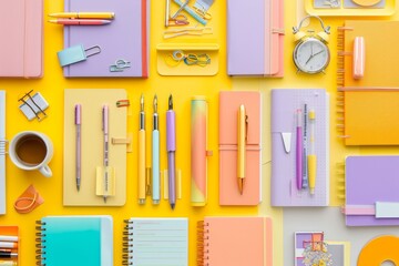Variety of colorful stationery items, including notebooks, pens, and paper clips, arranged neatly on a white desk
