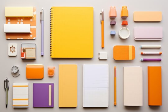 Variety of colorful stationery items, including notebooks, pens, and paper clips, arranged neatly on a white desk
