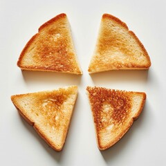 Triangular pieces of fried toast in the form of a pattern on the walls on a white background with space for text. Flat lay