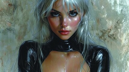  a painting of a woman with white hair and black latex on her body, wearing a black latex outfit and posing for a picture with her hand on her chest.