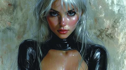 Fotobehang  a painting of a woman with white hair and black latex on her body, wearing a black latex outfit and posing for a picture with her hand on her chest. © Jevjenijs