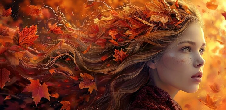  a painting of a woman with her hair blowing in the wind with autumn leaves on her head and in the foreground of the image is an orange background of falling leaves.