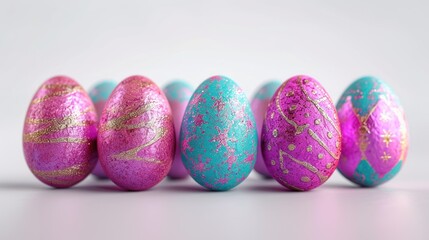 Easter Eggs isolated against a white background. Chocolate Eggs wrapped in patterned Pink and Cyan foil.