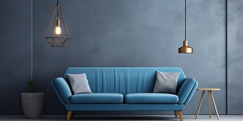 Blue sofa and lamp in stylish grey interior.
