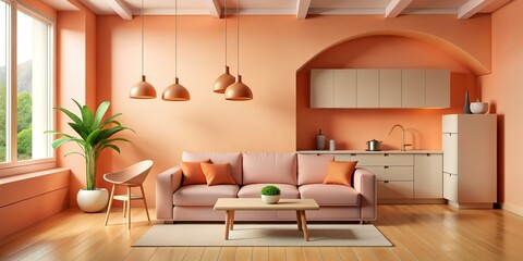 Living Room, Peach fuzz room ,modern minimal kitchen room interior , peach color paint wall.