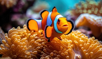  a close up of a clownfish on a coral with anemone in the foreground and a sea anemone in the back ground in the foreground.