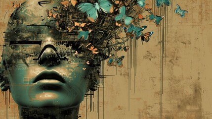  a digital painting of a woman's face with butterflies in her hair and butterflies flying out of her head to the side of the face of the woman's head.