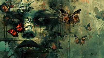  a painting of a woman's face with multiple butterflies flying around her and the face of a woman's face with multiple butterflies flying around her, all over her face.