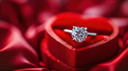  a close up of a diamond ring in a heart - shaped box on a red satin material with a red satin bow around it and a diamond ring in the middle.
