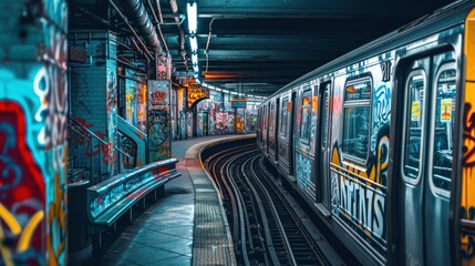  a subway station with graffiti on the walls and a train on the tracks in the foreground, and another train on the other side of the platform in the background.