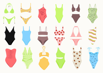 Fototapeta na wymiar Cartoon isolated swimsuit and underwear template collection for man and woman, fashion shorts, panties and pants, casual bikini and bra to swim, beachwear models. Swimwear set vector illustration