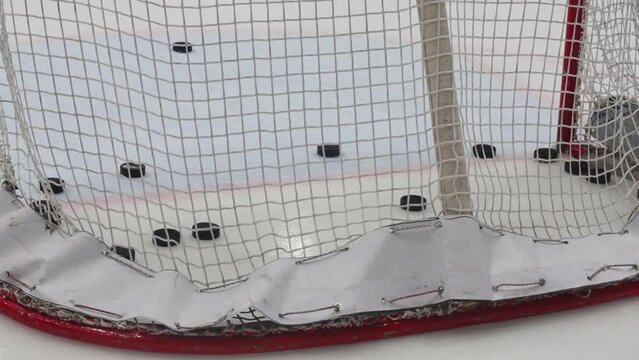 Goal to gate at hockey meet Dinamo Balashikha and Izhstal, close up view.