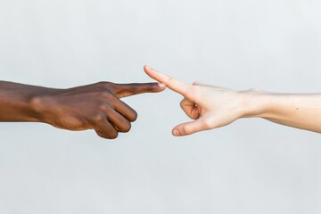 Crop unrecognizable diverse man and woman touching index fingers against white background