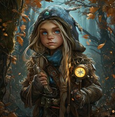 Obraz na płótnie Canvas a painting of a young girl in a forest holding a compass and a compass in one hand and a compass in the other hand and a clock in the other hand.