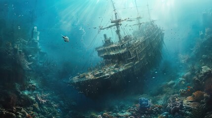  a ship in the middle of the ocean surrounded by corals and other marine life, with sunlight streaming through the water and shining on the bottom part of the ship. - obrazy, fototapety, plakaty