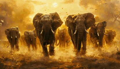  a painting of a herd of elephants walking through a field with yellow smoke coming out of the back of their tusks and tusks, with trees in the background. - obrazy, fototapety, plakaty