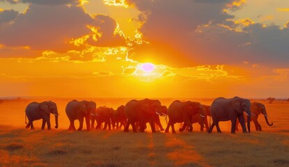  a herd of elephants walking across a dry grass field under a cloudy sky with the sun setting in the distance in the distance, with a few clouds in the foreground.