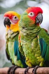Adorable green parrots in zoo during summer day