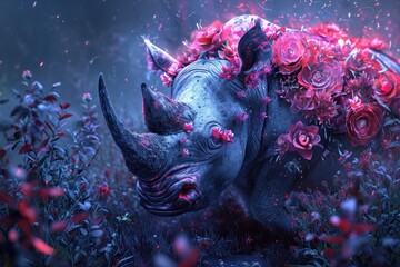  a rhino with a bunch of flowers on it's head in the middle of a field of grass and flowers on it's back of it's head. - obrazy, fototapety, plakaty