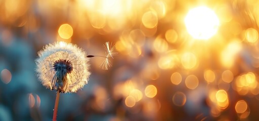  a dandelion blowing in the wind in front of a blurry background of yellow, blue, and white lights and a blurry background of boke.