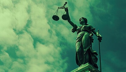 a statue of a lady justice holding a scale of justice in front of a cloudy blue sky with a green tint behind it and a green tint to the foreground. - obrazy, fototapety, plakaty
