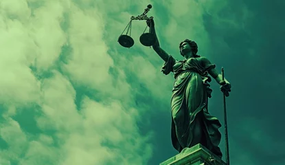 Foto op Canvas  a statue of a lady justice holding a scale of justice in front of a cloudy blue sky with a green tint behind it and a green tint to the foreground. © Jevjenijs