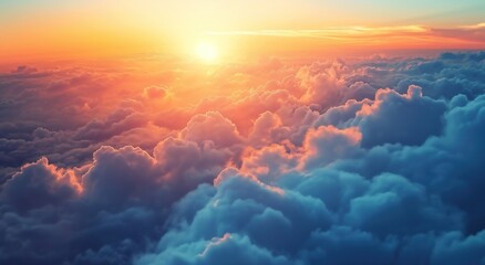  the sun is setting over the clouds as seen from the window of an airplane on the way to the nearest part of the island of the island of the island. - obrazy, fototapety, plakaty