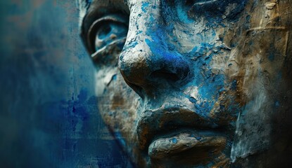  a close up of a statue of a person's face with blue paint on it's face and a blue wall behind it, and a blue wall in the background.