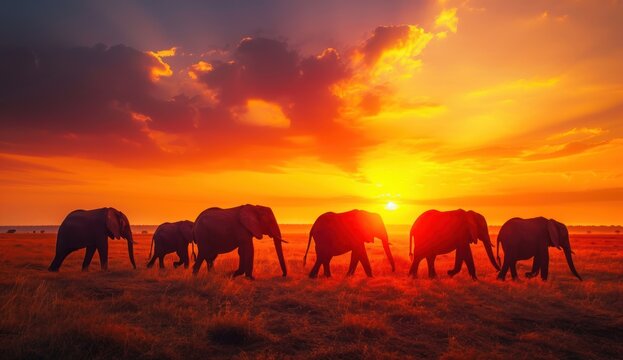  a herd of elephants walking across a grass covered field under a bright orange and blue sky with the sun setting in the middle of the middle of the horizon behind them.