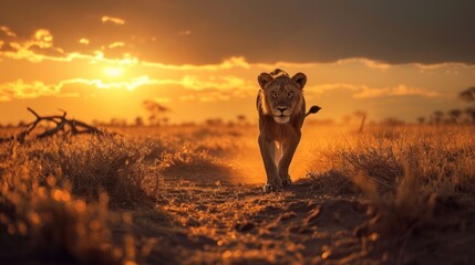 a lion walking down a dirt road in the middle of a field with the sun setting in the background and a few clouds in the sky above the lion's head. - obrazy, fototapety, plakaty